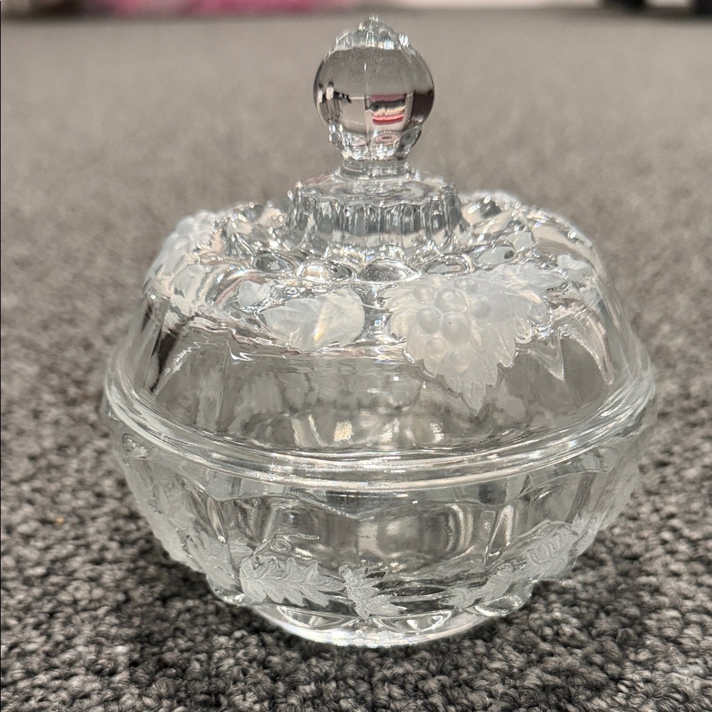 Westmoreland Pressed Glass Candy Dish with Lis Grapes and Leaves Design